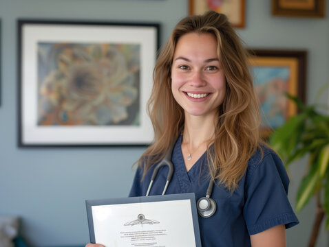 A smiling doctor in clinic, proudly displaying certificate, professional, inviting atmosphere