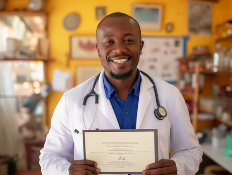 A smiling doctor in clinic, proudly displaying certificate, professional, inviting atmosphere