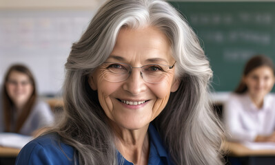 portrait female teacher, smile her face, gray hair, schoolchildren lesson, elderly teacher children class, background group children, teamwork, group child smile, teacher glasses, happy eyes school