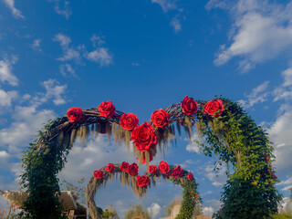 Rose arch adorns the sky in a festive holiday design. It has elements of Christmas, nature and love.