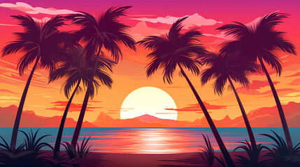 wallpaper sunset beach with palm tree retro color - obrazy, fototapety, plakaty