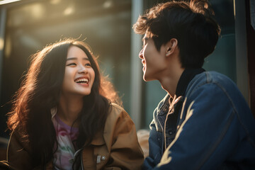 young asian couple outdoors laughing smiling happy teenagers girl boy friends city near building casual jacket denim soft colors sunlight complicity bond love friendship enjoying cheerful upbeat - obrazy, fototapety, plakaty