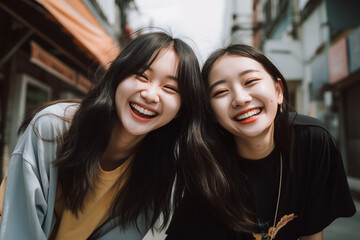 two young asian girls laughing out loud teenagers friends outdoors smiling happy city street...
