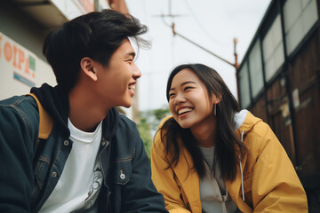 asian friends outdoors couple laughing happy young teenagers street of a city casual clothes jacket shirt girl boy smiling soft colors complicity bond love friendship friends enjoying cheerful  - obrazy, fototapety, plakaty