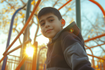 portrait of a child, hispanic boy wearing a coat with hood, intense look smiling playground in background, closeup shot of a young latino american sunlight outdoors playful smile