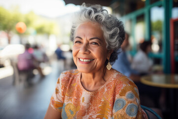 beautiful senior hispanic woman bright smile and look on restaurant terrace happy smiling grandmother portrait gray hair warm friendly enthusiastic wearing earrings vivid cheerful joy colorful bold