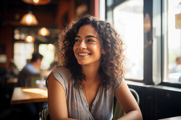 young hispanic woman in a restaurant bar smiling latina happy joyful blouse profile white teeth curly hair bokeh background lights tables window bright pretty beautiful twenties tanned  - obrazy, fototapety, plakaty