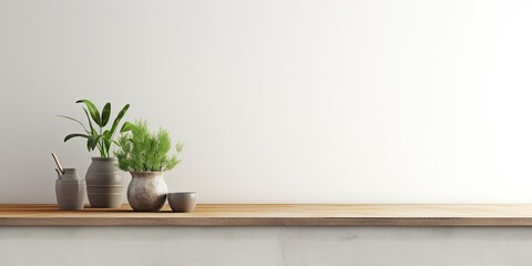 Empty kitchen scene with a white podium and minimalistic background.