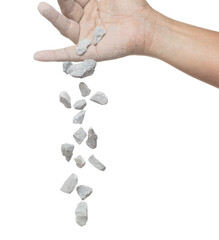 Rock gravel fall down from hand, gray stone pebbles rock explode abstract cloud fly. Construction rock stone splash in air, object design. White background isolated freeze shot, selective focus blur