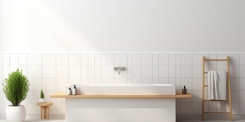 Fototapeta na wymiar Contemporary, clean bathroom with white tiles and minimalist design.
