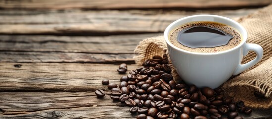Fototapeta premium Refreshing Morning Brew: Coffee Cup, Beans, and Wooden Background Delight