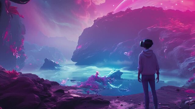 Teenager in virtual reality headset standing in an alien landscape with glowing plants and a surreal purple sky