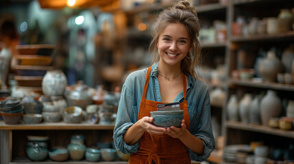 Fototapeta na wymiar Woman Holding a Bowl in a Store