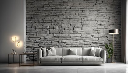 Light grey living room sofa with pillows against a natural stone wall