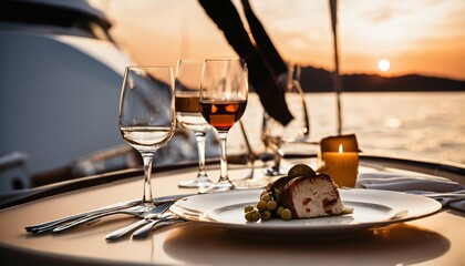 Sunset dining on a motor yacht, elegant table setup for a romantic meal