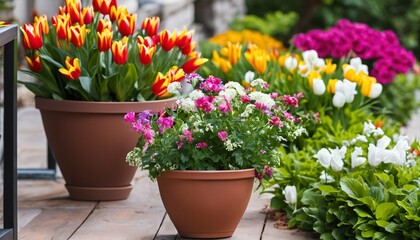 Fototapeta na wymiar Vibrant spring and summer flowers in pots on patio, colorful banner display