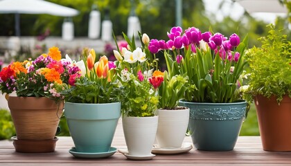 Fototapeta na wymiar Colorful spring and summer flower variety in patio pots, perfect for banner settings