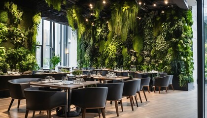 Modern cafe or restaurant with living green wall, biophilic design, and vertical gardening for...