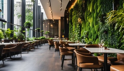 Biophilic design in modern cafe, featuring a living green wall and vertical garden, eco-friendly nature landscape