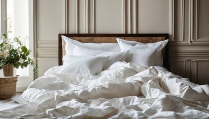 Crumpled morning bed with light-colored linens, home or hotel near window, breakfast in bed on a sunny morning