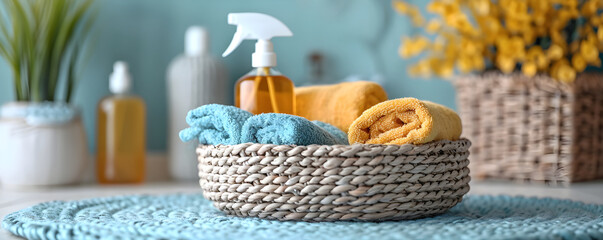 Wicker basket with yellow plastic spray detergent bottle and cleaning cloth in interior. Spring cleaning concept and eco-friendly, zero waste products. Design for banner, poster