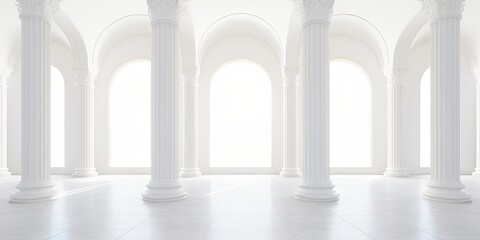 Photo of minimalistic architectural interior with white background, ceiling, and pillars - obrazy, fototapety, plakaty