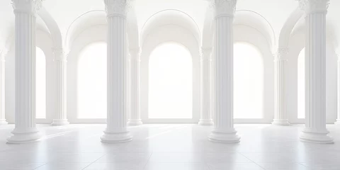 Fotobehang Photo of minimalistic architectural interior with white background, ceiling, and pillars © Vusal
