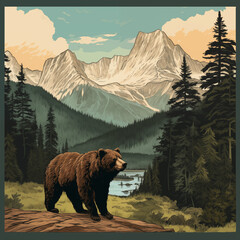 illustration of a bear in the mountains and forest in the style of popup art or national park postcard, poster, or sticker