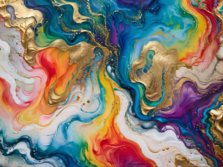 Pride colours Abstract: Rainbow-Colored Paint Background with Watercolour Stone Marble Texture - Modern Ink Pattern, Gold, Glitter, LGBT+ Design, Background, Wallpaper