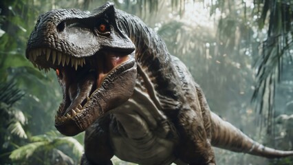 Le T-Rex rugit, une force furieuse de l'ère préhistorique. Ses yeux flamboyants expriment une rage inarrêtable, déchirant l'air de sa fureur primitive, une démonstration terrifiante de sa puissance. - obrazy, fototapety, plakaty