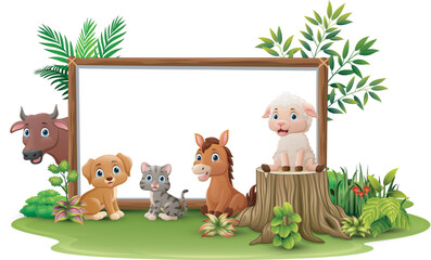 Obraz na płótnie Canvas Cute wild animals cartoon with blank board