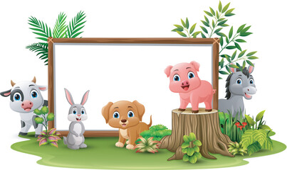 Cute wild animals cartoon with blank board