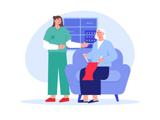 Obraz na płótnie Canvas Nurse taking care of aged woman. Nursing home vector illustration.