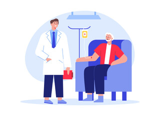 Doctor doing checkup, of aged man. Nursing home vector illustration.
