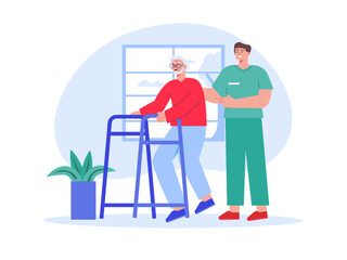 Male nurse helping aged man. Nursing home vector illustration.