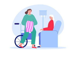 Female nurse helping handicapped woman. Nursing home vector illustration.