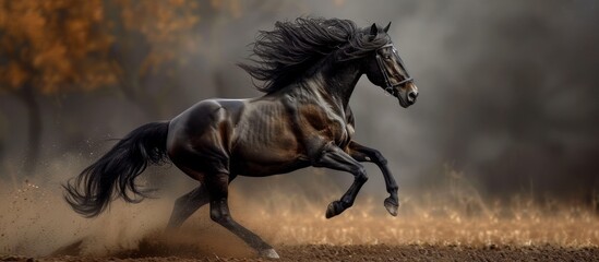 Obraz na płótnie Canvas Intense Motion: The Majestic Black Frisian Horse Gallops with Grace and Power in this Image
