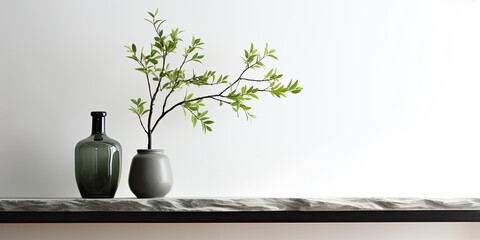 Green tree branch placed in black glass vase on natural stone mantel shelf against white wall with side window lighting. Cozy home decor concept.