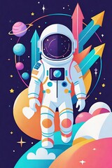 A vivid illustration of an astronaut in a white spacesuit. Near the astronaut there are arrows of various directions, planets and stars on a dark blue background. A romantic and mysterious universe