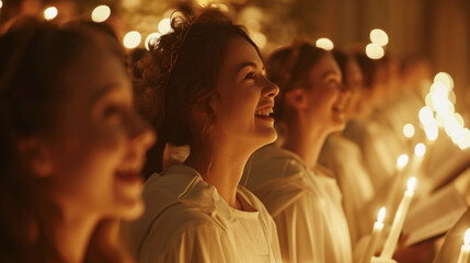 A joyful choir of angels singing carols in a candlelit church.