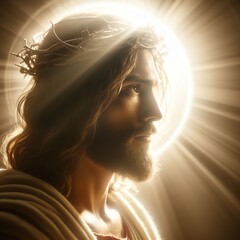 Jesus Christ with crown of thorns on his head and rays of light 