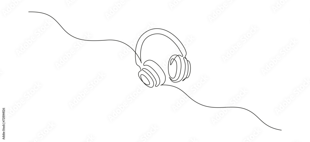 Aufkleber continuous one line drawing of headphones for podcast web banner. music gadget and earphones devices