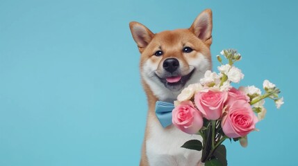 Cute happy shiba puppy and pink rose flowers. Closeup, indoors. Studio shot. Congratulations for family, relatives, loved ones, friends and colleagues. Pets care concept , blue background, copy space