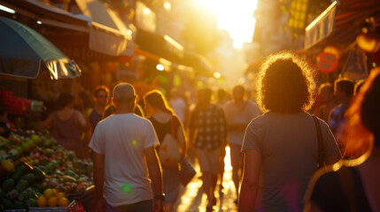 Visitors and locals mingle in the glowing atmosphere of a backlit market street.