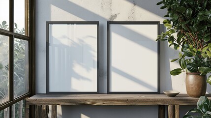 Two vertical wooden frame mockup. Two mock up poster on wooden floor. 2 frames at home with shadows.