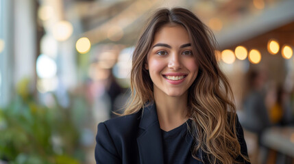 Smiling Woman With Long Hair and Black Blazer - obrazy, fototapety, plakaty