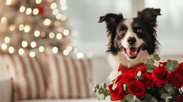 Cute Valentine's Day happy smiling border collie dog with a red bow tie holding a bouquet of red rose flowers on blurred modern home background, copy space.