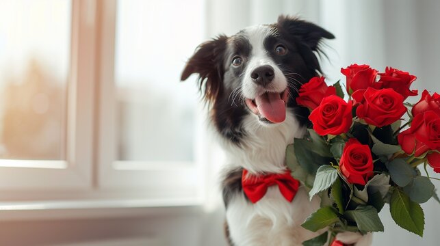 Cute Valentine's Day happy smiling border collie dog with a red bow tie holding a bouquet of red rose flowers on blurred modern home background, copy space.