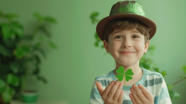 Happy boy with lucky clovers, Kids celebrate St Patrick Day. Irish holiday on green background, copy space.