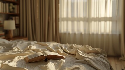 Peaceful scene of a book placed on a bed with white linen, illuminated by the gentle morning light filtering through the curtain